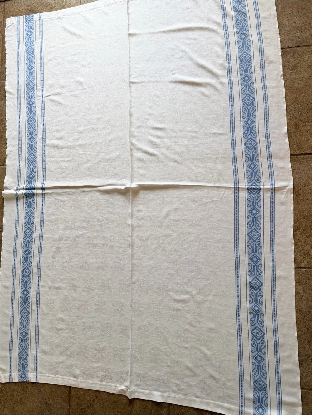 Vintage Damask Woven Textile Tablecloth w/ Woven Geometric Stripe. 55x75 Blue